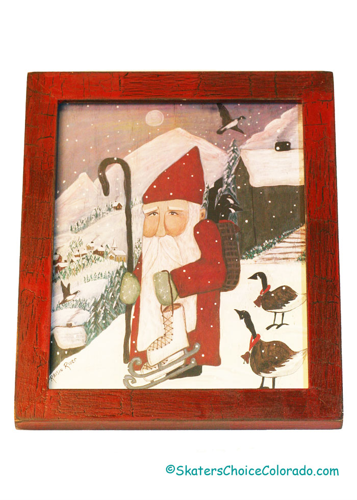 Santa with Skates Winter Picture in Red Frame - Click Image to Close