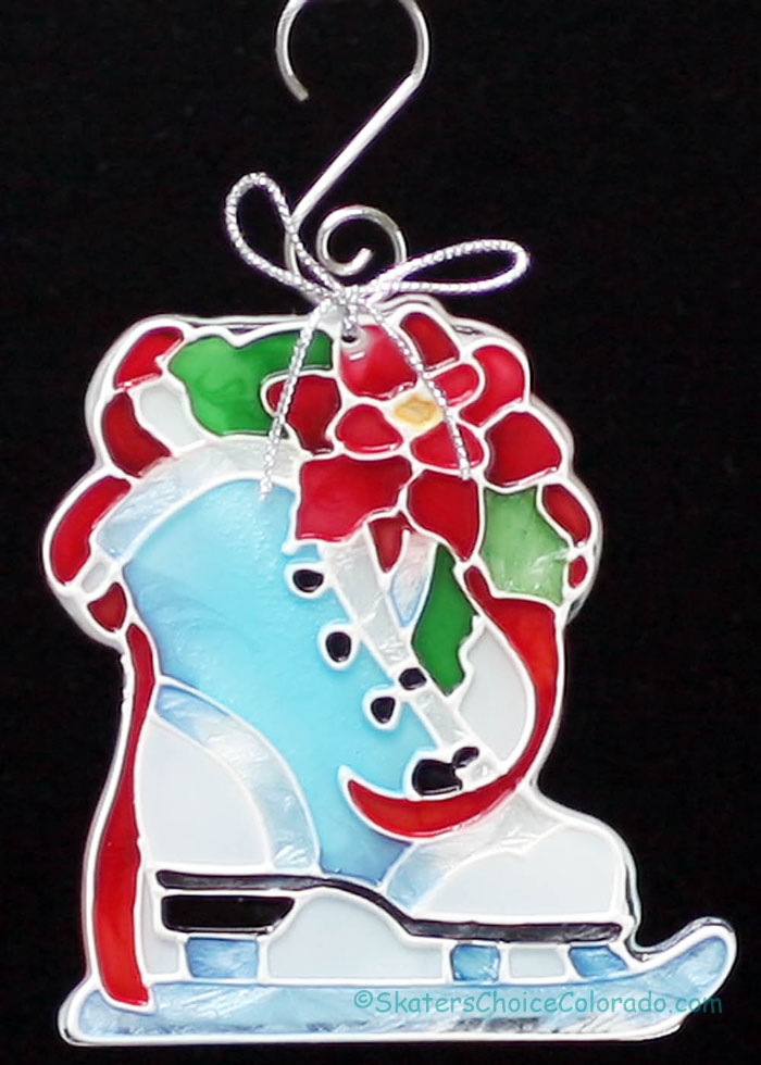 SunCatcher Ornament Ice Skate with Red Poinsettia Painted Glass - Click Image to Close