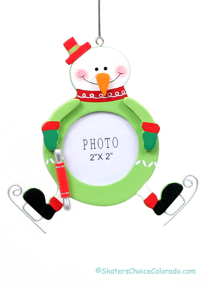 Skating Snowman Ornament 2" x 2" Photo Frame Green - Click Image to Close