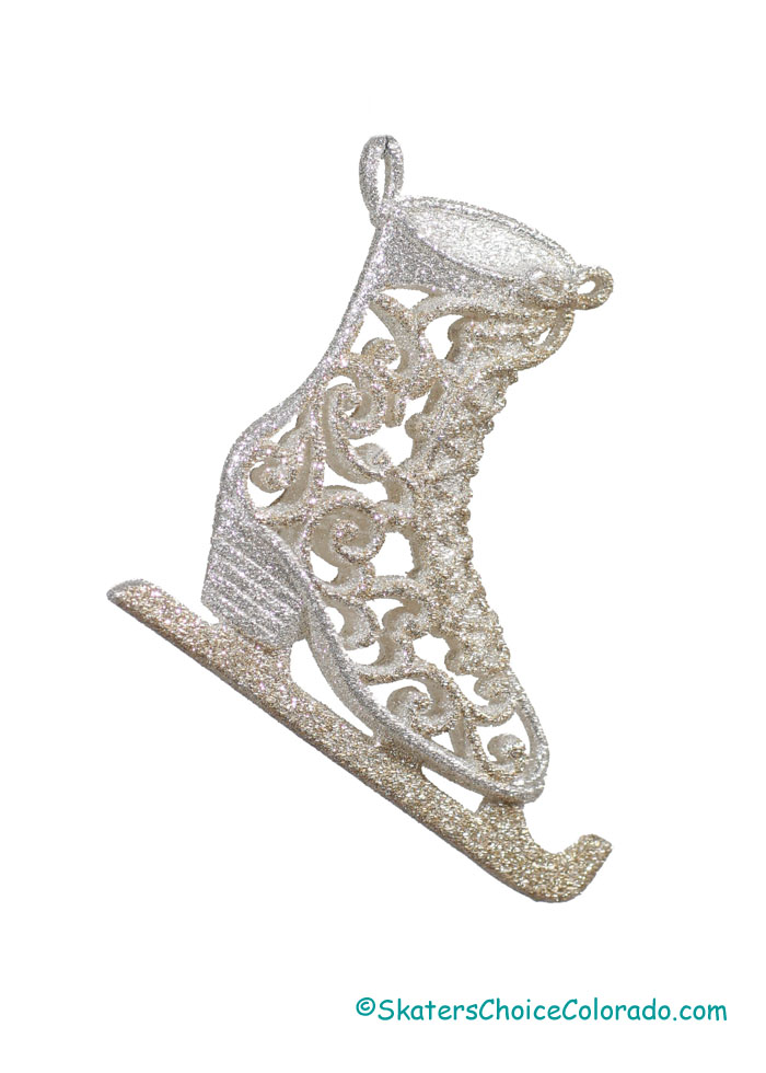Filigree Glittered Platinum and Silver Ice Skate Ornament - Click Image to Close