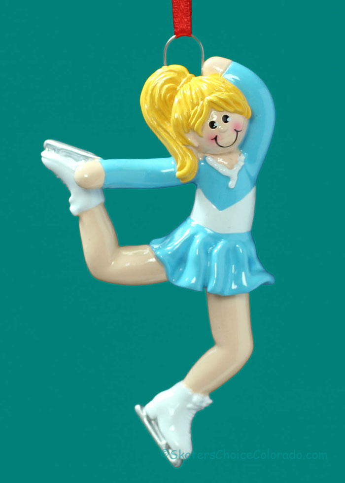 Ornament Blonde Ice Skate Girl In Blue Dress Acrylic 4" Tall - Click Image to Close