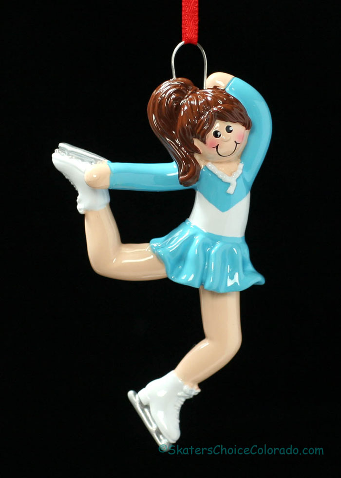 Ornament Brown Ice Skate Girl In Blue Dress Acrylic 4" Tall - Click Image to Close