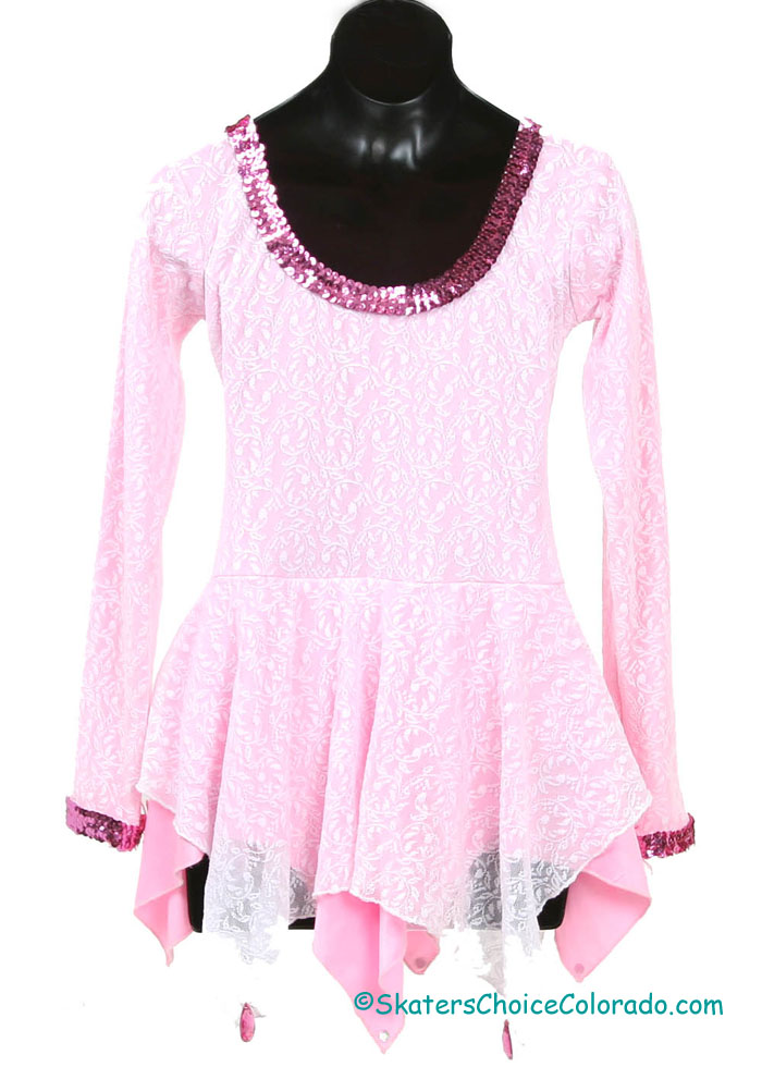Consignment Custom Pink Lycra White Lace Overlay LS Child 12-14 - Click Image to Close