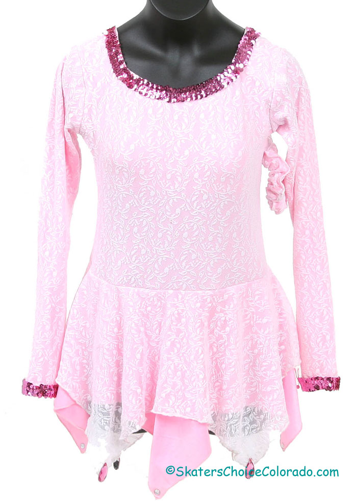 Consignment Custom Pink Lycra White Lace Overlay LS Child 12-14 - Click Image to Close