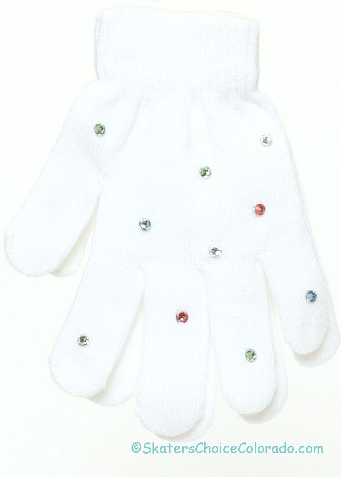 Custom Jeweled Ice Skating Gloves Hand Stoned Swarovski White E - Click Image to Close