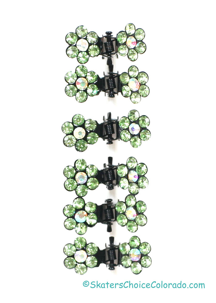 Hair Clips Rhinestone Flower Petals Green Matching Set of 6 - Click Image to Close