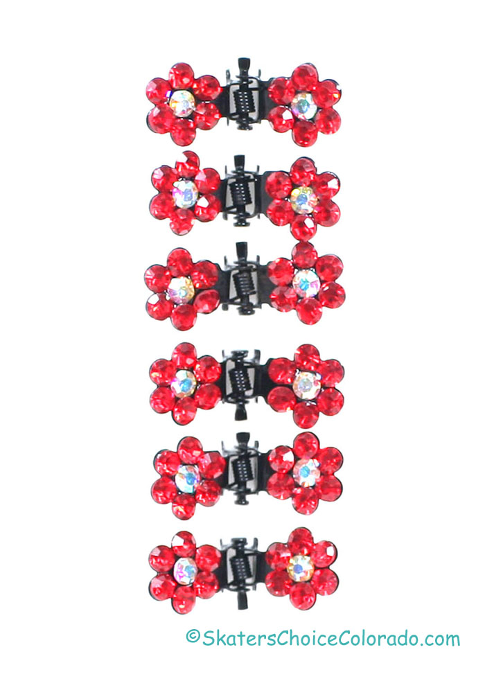 Hair Clips Rhinestone Flower Petals Red Matching Set of 6 - Click Image to Close
