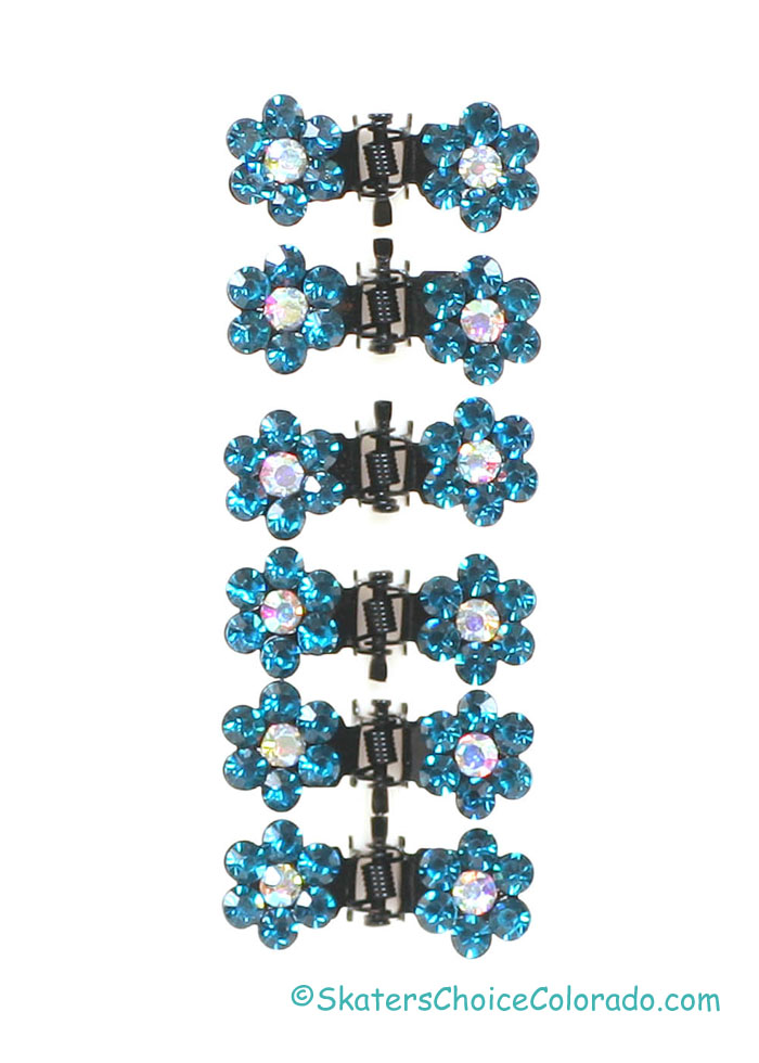 Hair Clips Rhinestone Flower Petals Turquoise Matching Set of 6 - Click Image to Close