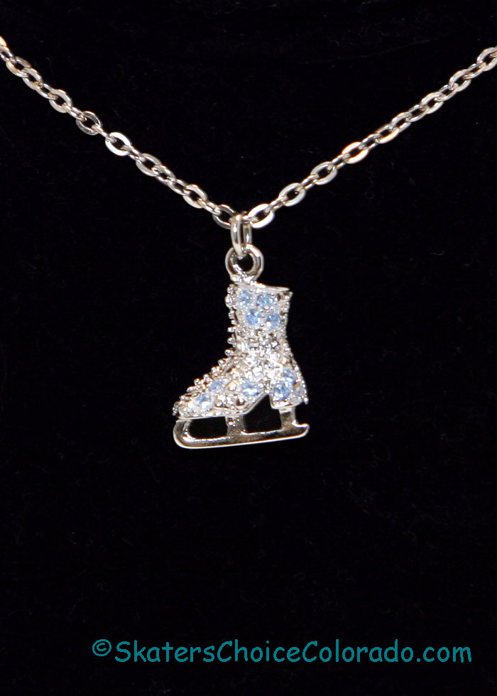 Jewelry Crystal Skate Necklace Silver Blue Crystals 16" Chain - Click Image to Close