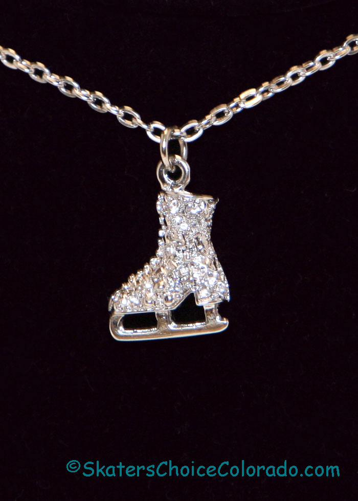 Jewelry Crystal Skate Necklace Silver W Clear Crystals 16" Chain - Click Image to Close