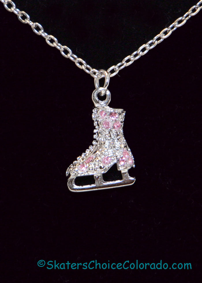 Jewelry Crystal Skate Necklace Silver W Pink Crystals 16" Chain - Click Image to Close