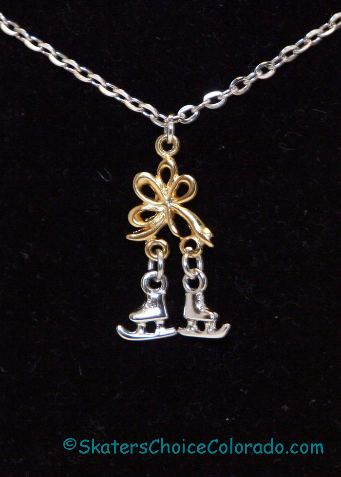 Jewelry Bows and Skates Necklace Silver W Gold Bows 16" Chain - Click Image to Close
