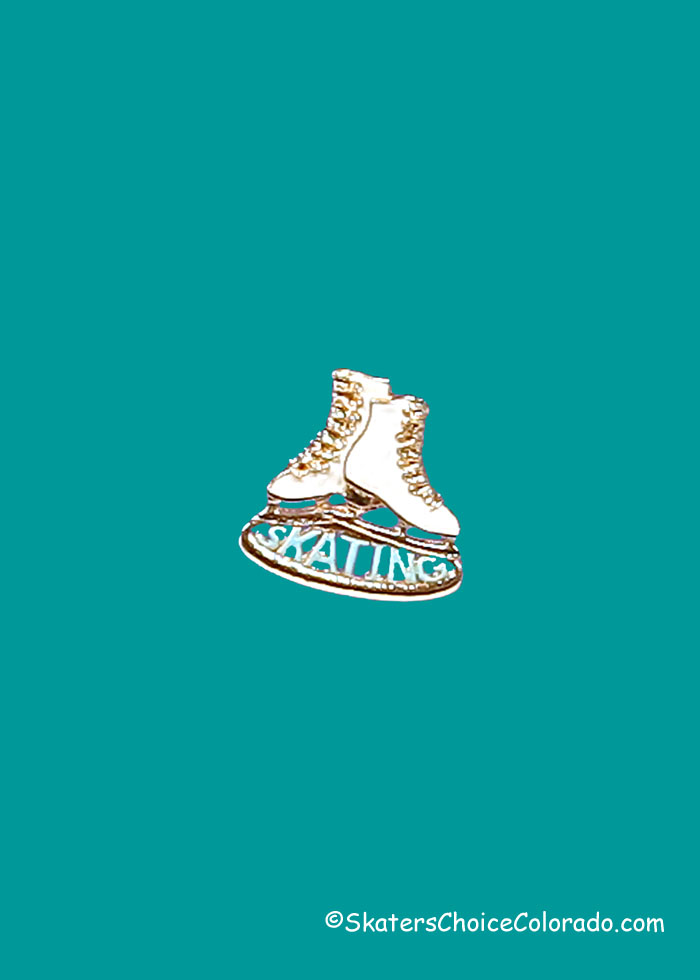 Pin Pair of White Enamel Skates Gold Laces "Skating" Underneath - Click Image to Close