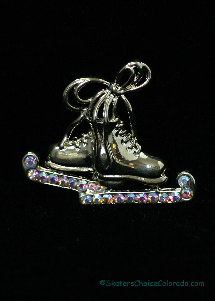 Pin Pair of Skates Gold Tone with Rhinestone Blades - Click Image to Close