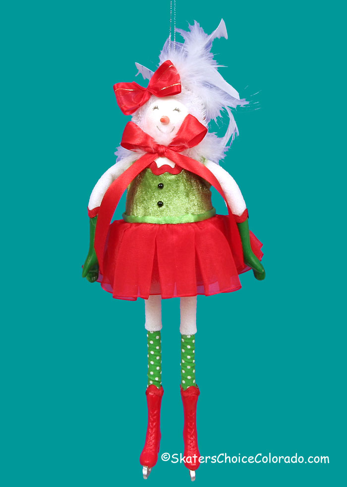 Snow Girl Skater with a Green Top / Red Skirt Christmas Ornament - Click Image to Close