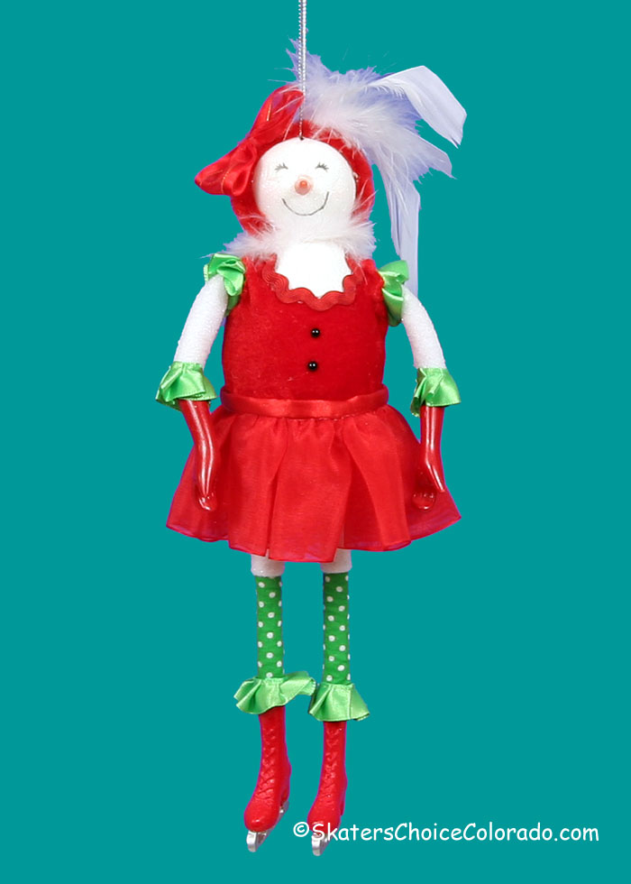 Snow Girl Skater with a Red Top and Red Skirt Christmas Ornament - Click Image to Close
