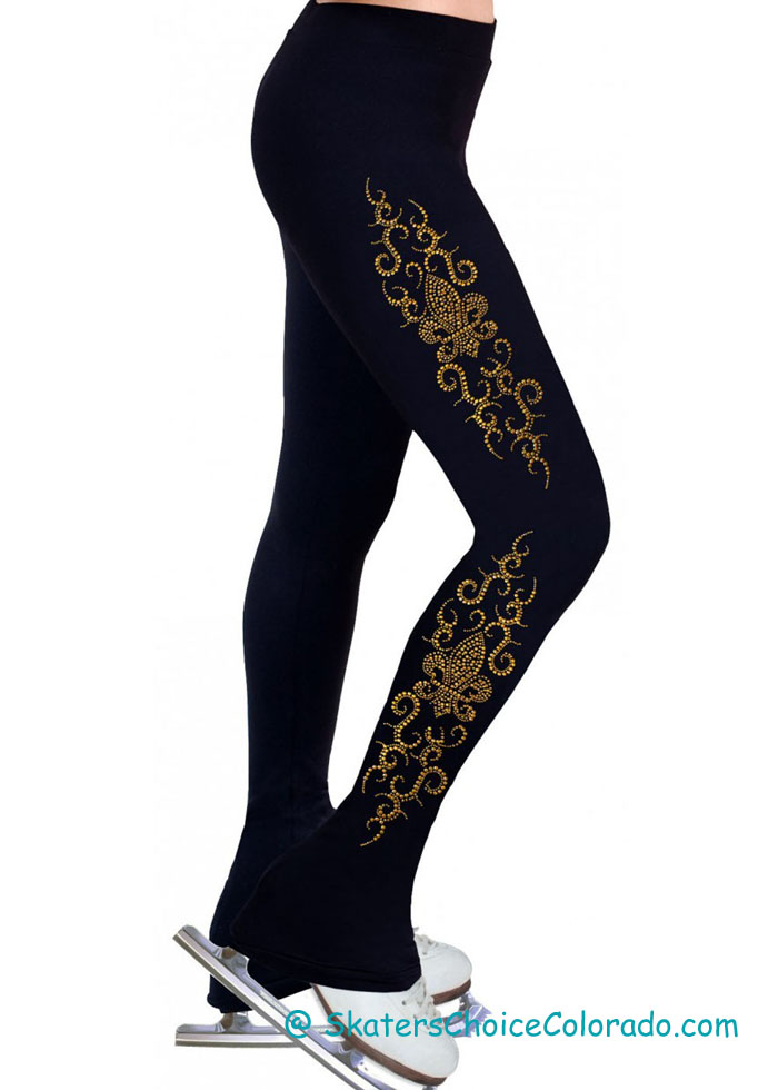 Fluer De Lis Design Gold Rhinestones Black Skating Pants Adult M - Click Image to Close