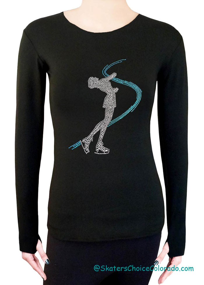 Layback Skater Blue Rhinestones Longsleeve Black Shirt Child L - Click Image to Close