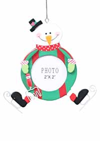 Skating Snowman Ornament 2" x 2" Photo Frame Green and Red