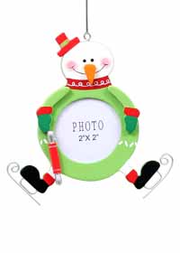 Skating Snowman Ornament 2" x 2" Photo Frame Green
