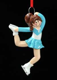 Ornament Brown Ice Skate Girl In Blue Dress Acrylic 4" Tall