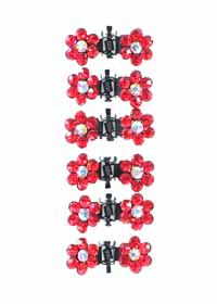 Hair Clips Rhinestone Flower Petals Red Matching Set of 6