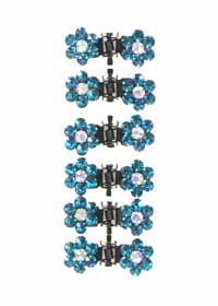 Hair Clips Rhinestone Flower Petals Turquoise Matching Set of 6